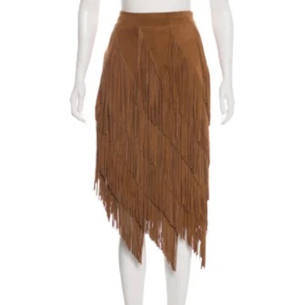 Intermix brown leather asymmetrical fringe skirt. 
Size small